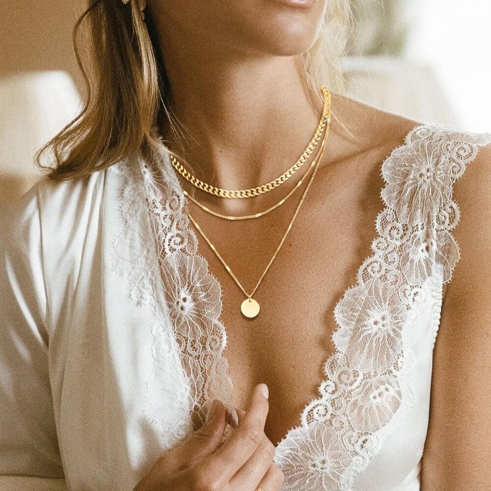14K Gold Plated Layering Necklaces For Women Gold Necklace Set, Cuban Link, Snak - Picture 3 of 9